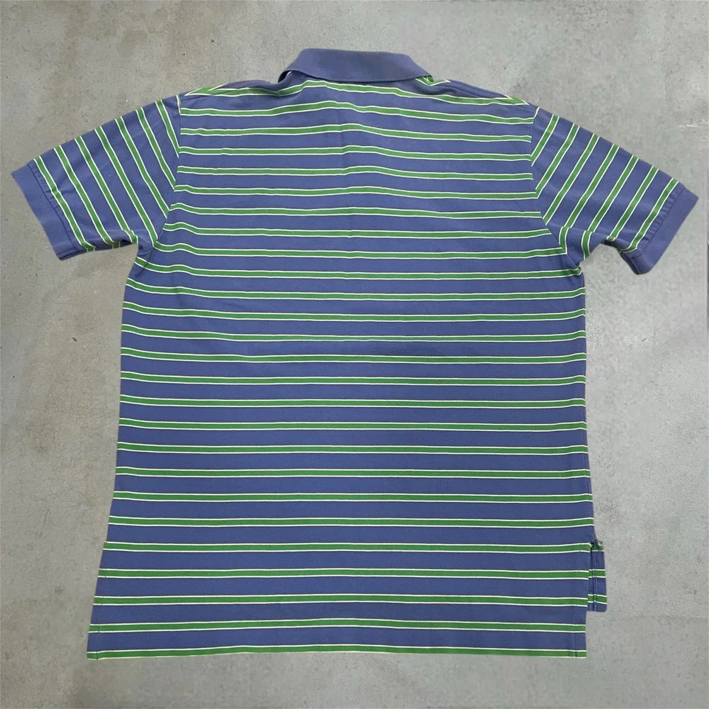 Polo Ralph Lauren Polo Shirt Mens L Blue Green Striped Short Sleeve Pique Cotton